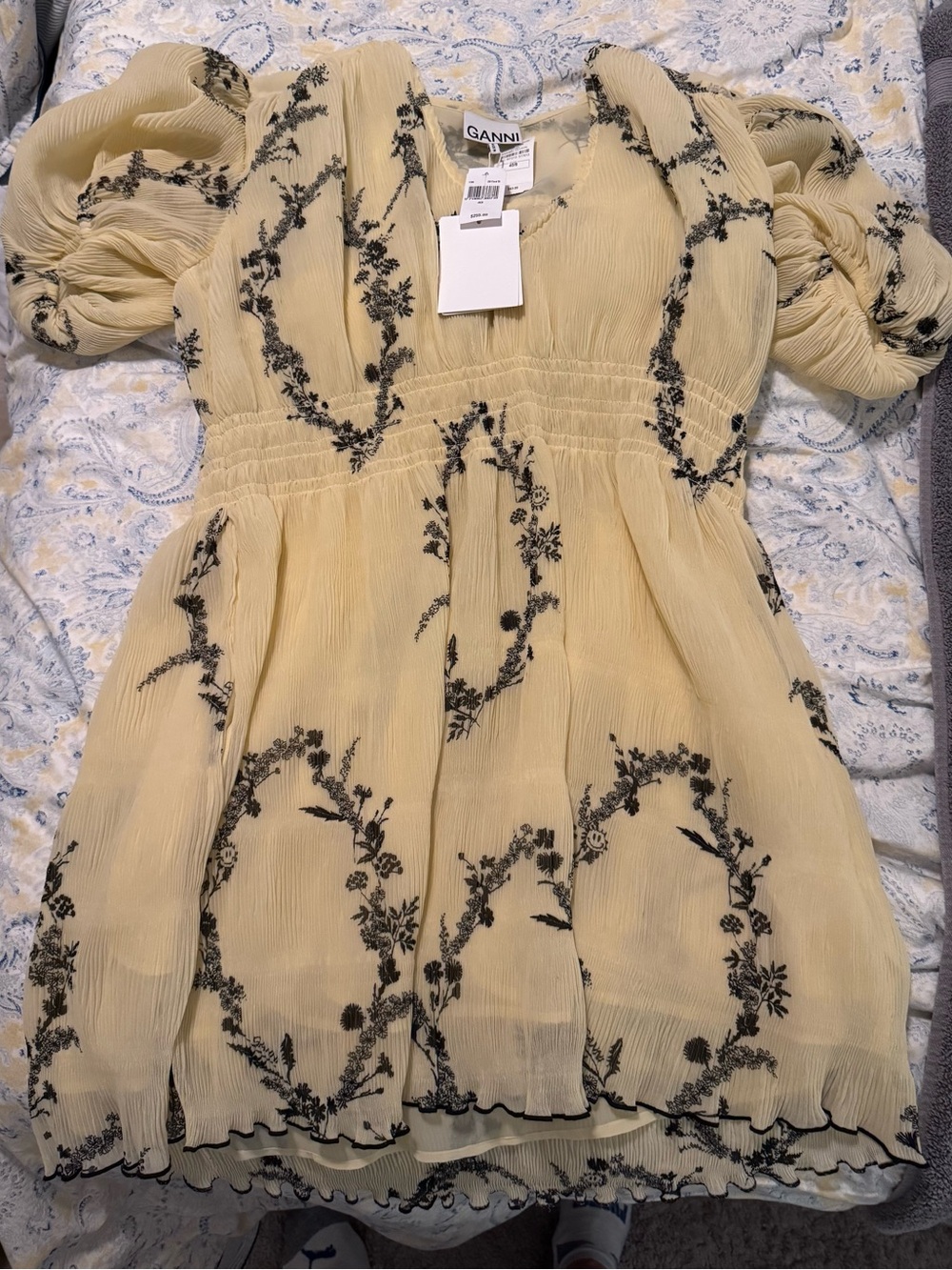 Ganni Yellow Floral V-Neck Puff Sleeve Mini Dress